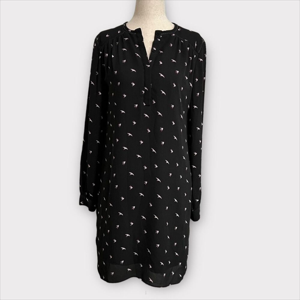Banana Republic Shift Dress Charcoal Gray Sheer Lined Bird Pattern Women's XS